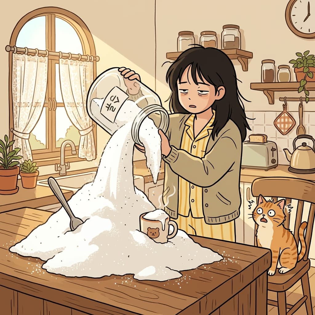 She poured a great deal of sugar into her coffee by accident.