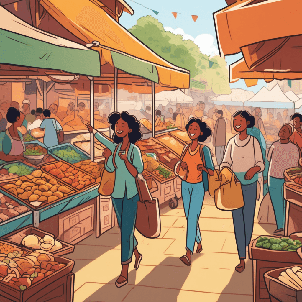 a excited shopper walks through the market looking at countless different food options from around the world. She points enthusiastically at various stalls selling fruits, spices, breads, and exotic dishes. The overwhelming variety of choices makes her pause and smile with delight. Each vendor stall showcases completely different cuisines and ingredients from different cultures. Other shoppers browse nearby, each drawn to different types of food that catch their attention. The busy market atmosphere shows people enjoying the incredible selection available. a wide range and variety of different options all in one place