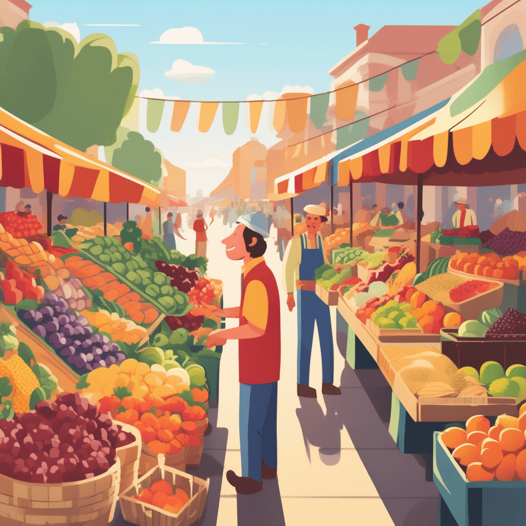 a cheerful vendor stands behind his stall arranging countless colorful fruits and vegetables. The vendor reaches toward towering piles of apples, oranges, bananas, and berries that cover every surface. The abundance of produce creates cascading displays that flow from wooden crates onto tables. Customers gather around the stall pointing at the endless variety of fresh items available. a multitude of fruits and vegetables creating an impressive display of quantity