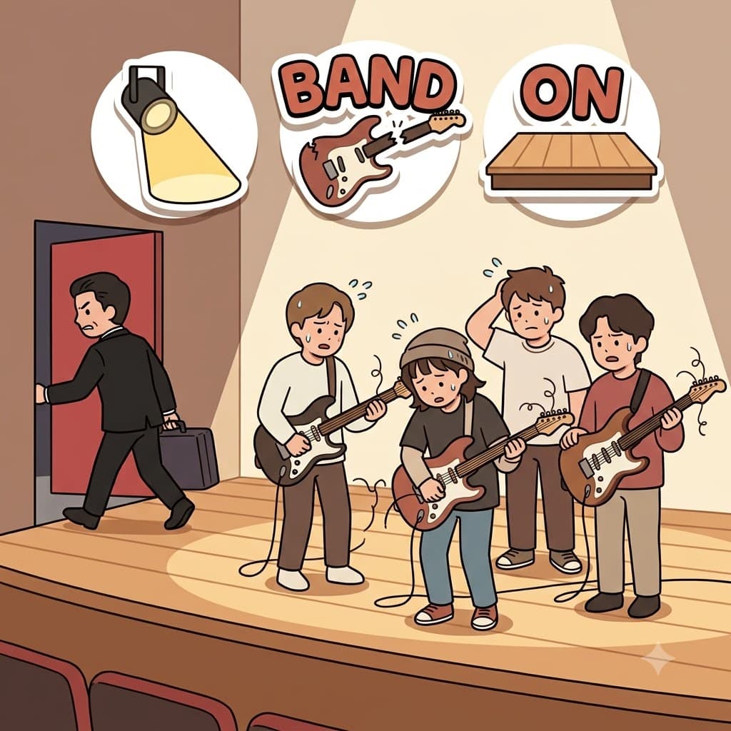 A(one) + BAND(music group) + ON(stage) — the abandoned band stood alone on the empty stage.