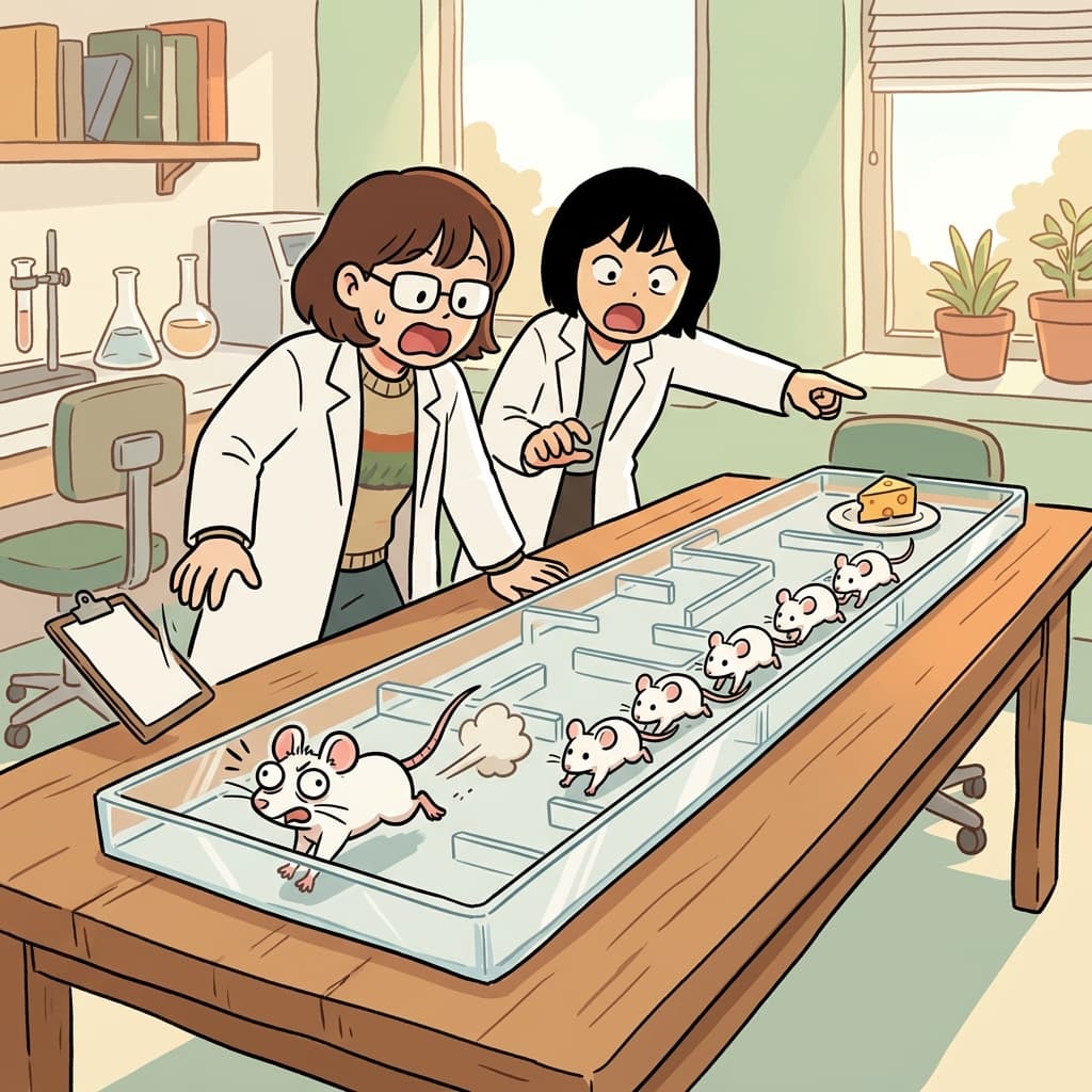 The lab mouse showed clear aberrance, running backward while the others ran forward.