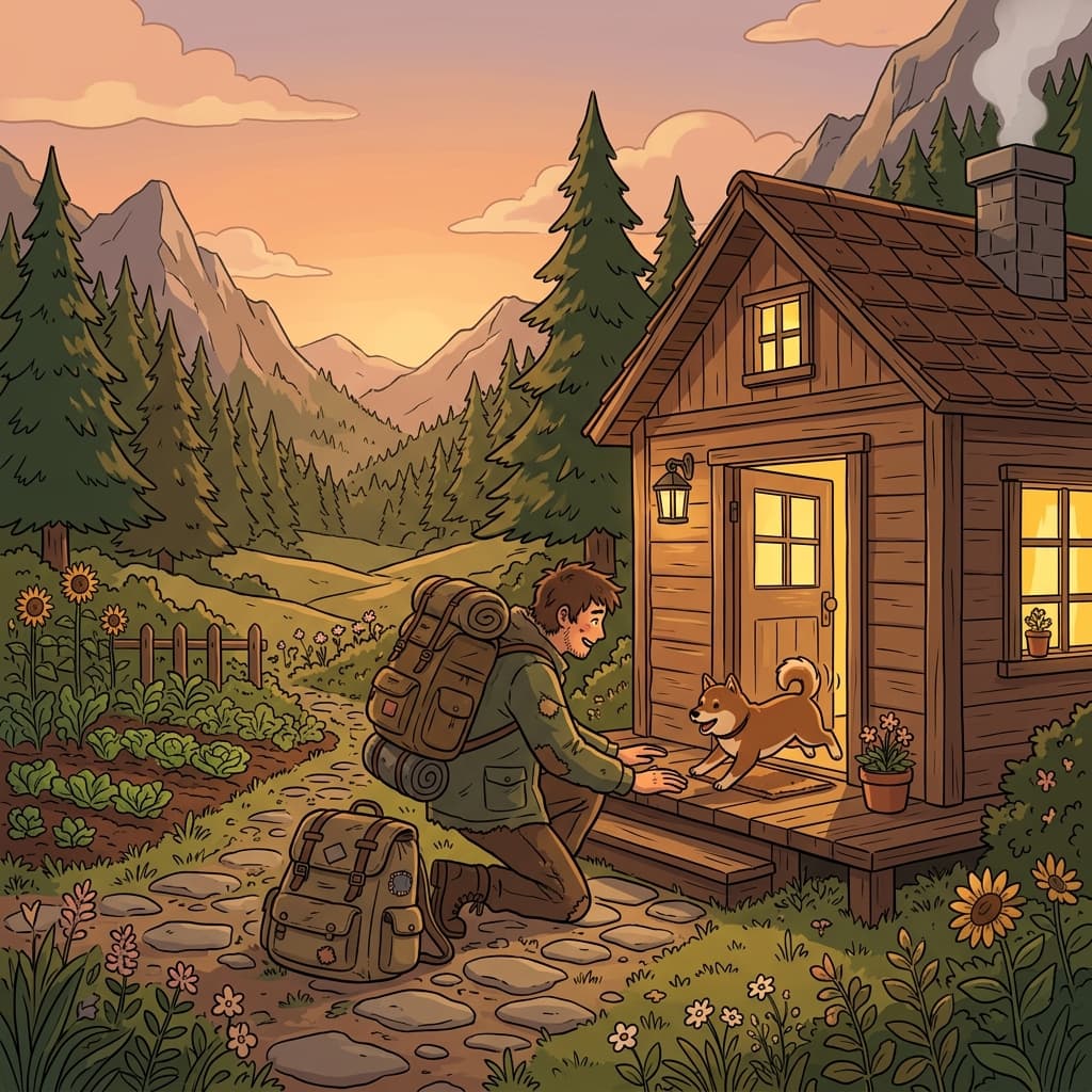 After years of travel, the explorer finally returned to his humble abode in the mountains.