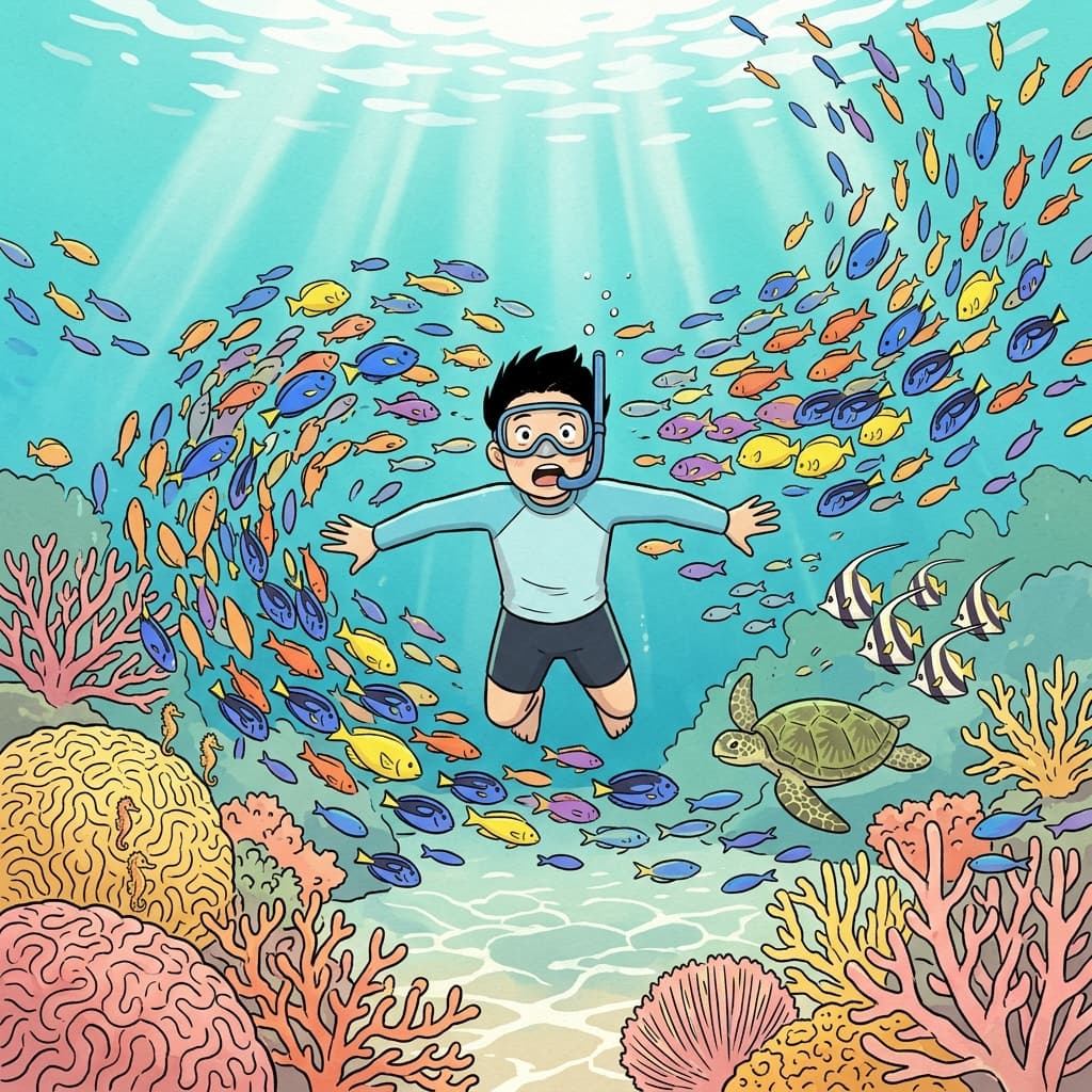 The coral reef abounds in colorful fish darting through the sunlit water.