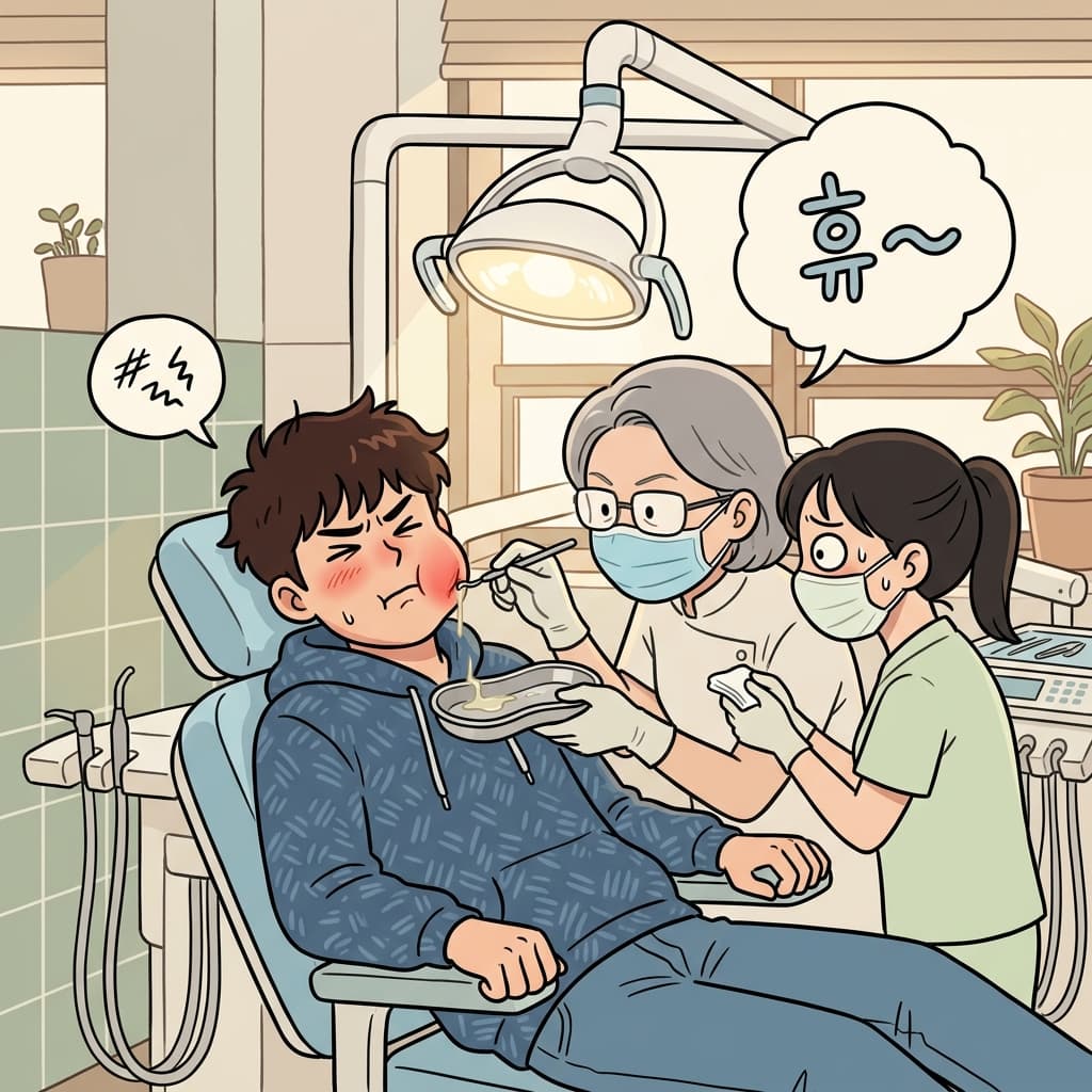 The dentist drains a painful abscess from the patient's swollen jaw.