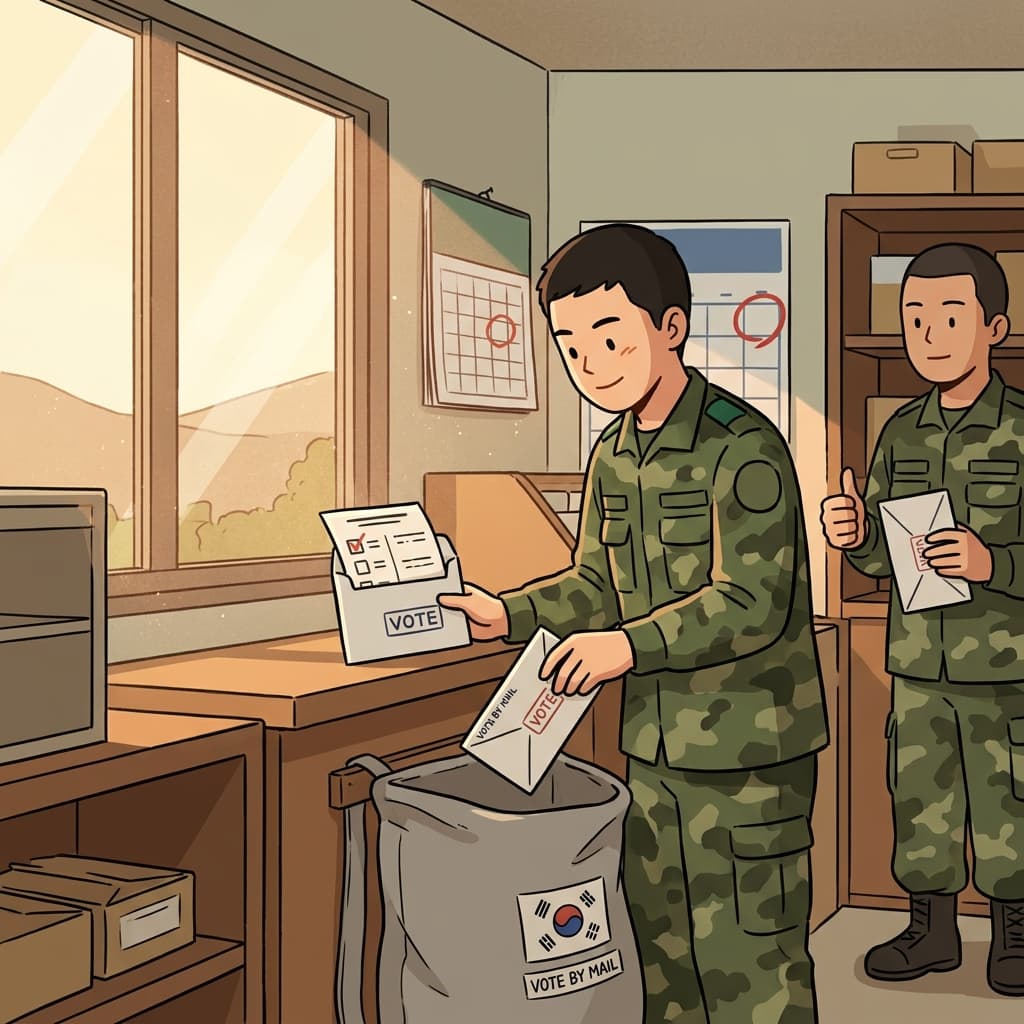 He mails his absentee vote from the army base far from home.