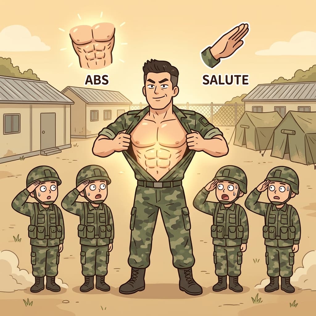 ABS(muscles) + SALUTE(respect) — the general's perfect abs commanded an absolute salute from the entire squad.