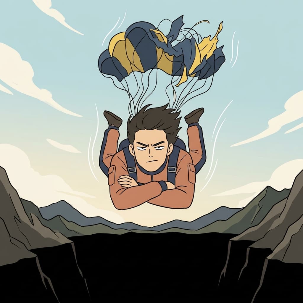 Despite his failing parachute, he faced the absolute danger with a shockingly resolute expression.