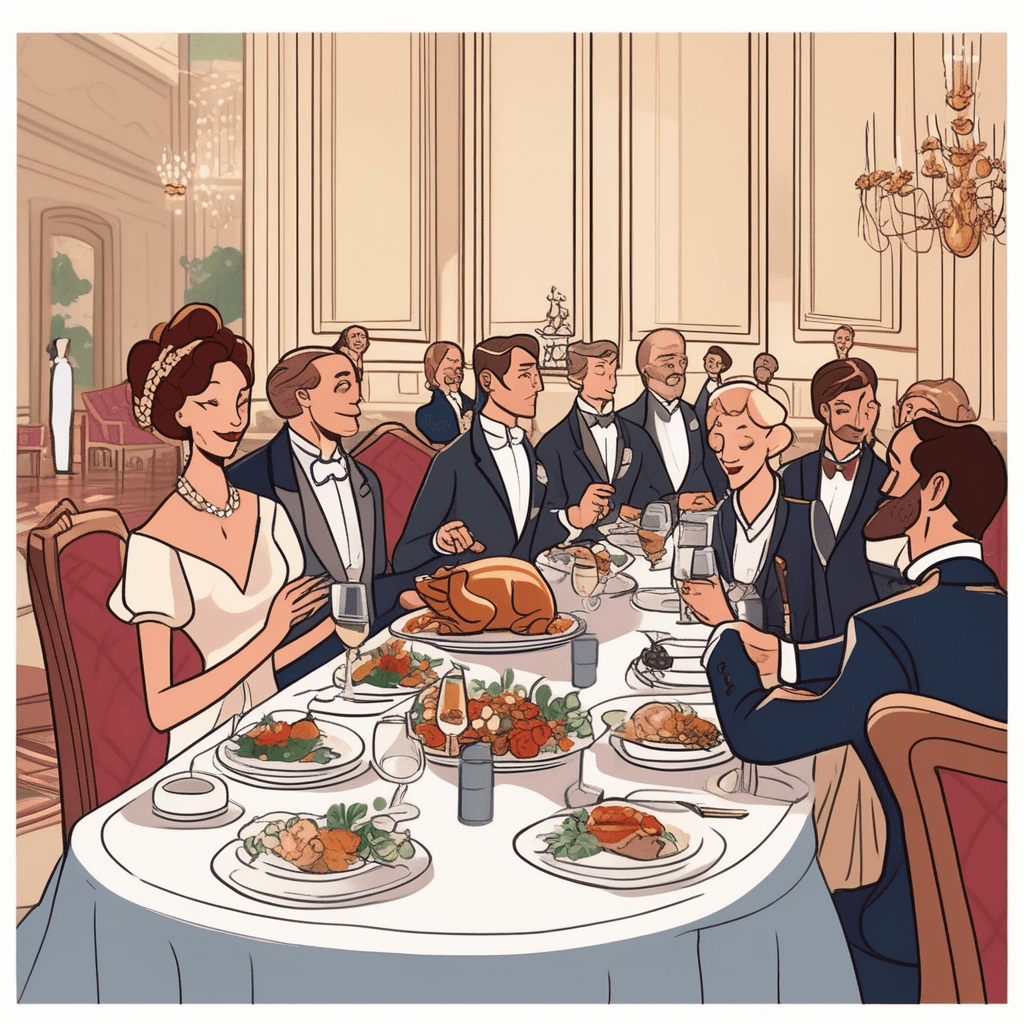 a well-dressed person sits at a table filled with elaborate dishes and wine glasses, carefully selecting only small portions. They politely decline a waiter's offer of more wine by covering their glass with their hand. While other guests around the table indulge heavily in rich foods and multiple drinks, this person maintains careful moderation. The restrained diner appears content and composed despite the abundance surrounding them. Other party guests eat heartily and drink freely, creating a clear contrast in behavior. someone practicing self-restraint and moderation in eating and drinking despite abundant temptation