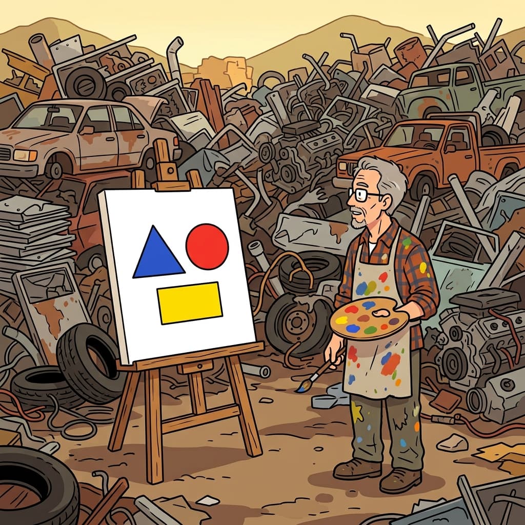 The master artist looked at the chaotic junkyard, but his painting was a pure, geometric abstraction.