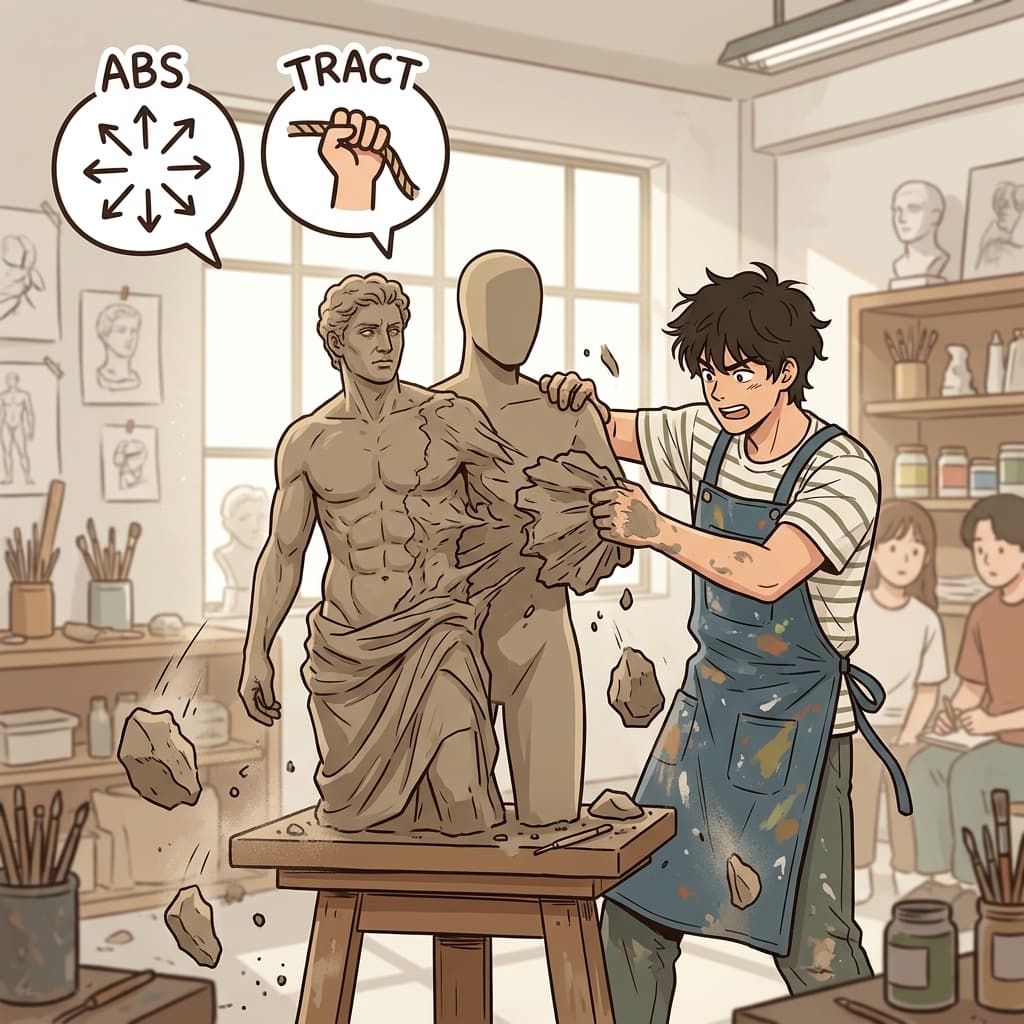 ABS(away) + TRACT(pull) — an abstraction is simply pulling away the messy details to leave only the core idea. (ABS(away) + TRACT(pull) + ION(noun))