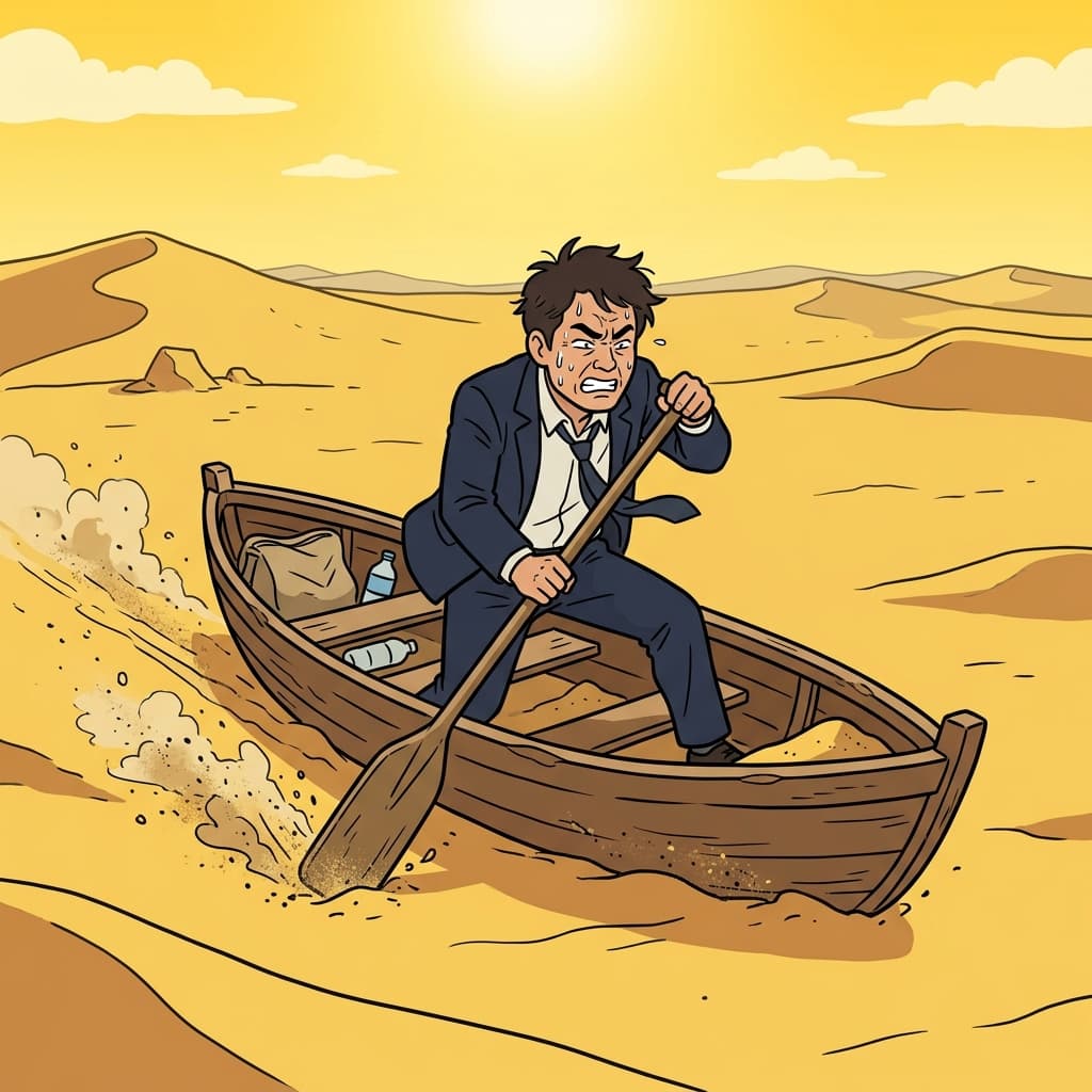 The businessman rowing a boat across the dry desert perfectly demonstrated the absurdity of the situation.