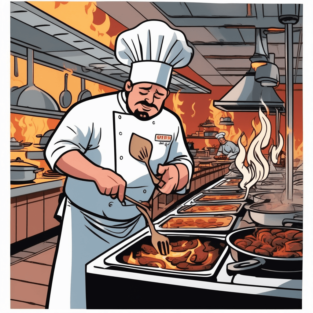 a frazzled chef stands over multiple smoking pans with burnt food sticking to the bottom. Black smoke rises from every burner as overcooked meals create a disaster zone. The burnt food has turned completely black and inedible while orders pile up around him. Other kitchen staff cover their noses from the acrid smell and step back in horror. Waiters peek through the kitchen door with worried expressions as customers complain in the background. cooking that is extremely bad and appalling