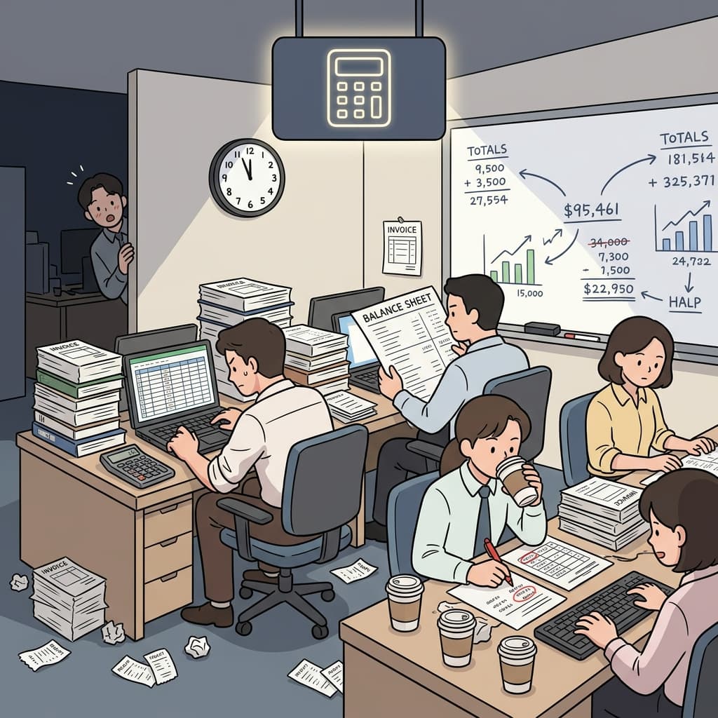 The accounting department works late to close the quarterly books before the deadline.