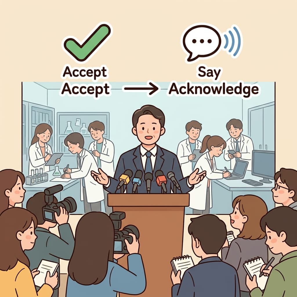 The company's acknowledgement of the problem reassured its customers. (✅ Accept + 🗣️ Say → Acknowledgement = = openly accepting that something is true.)