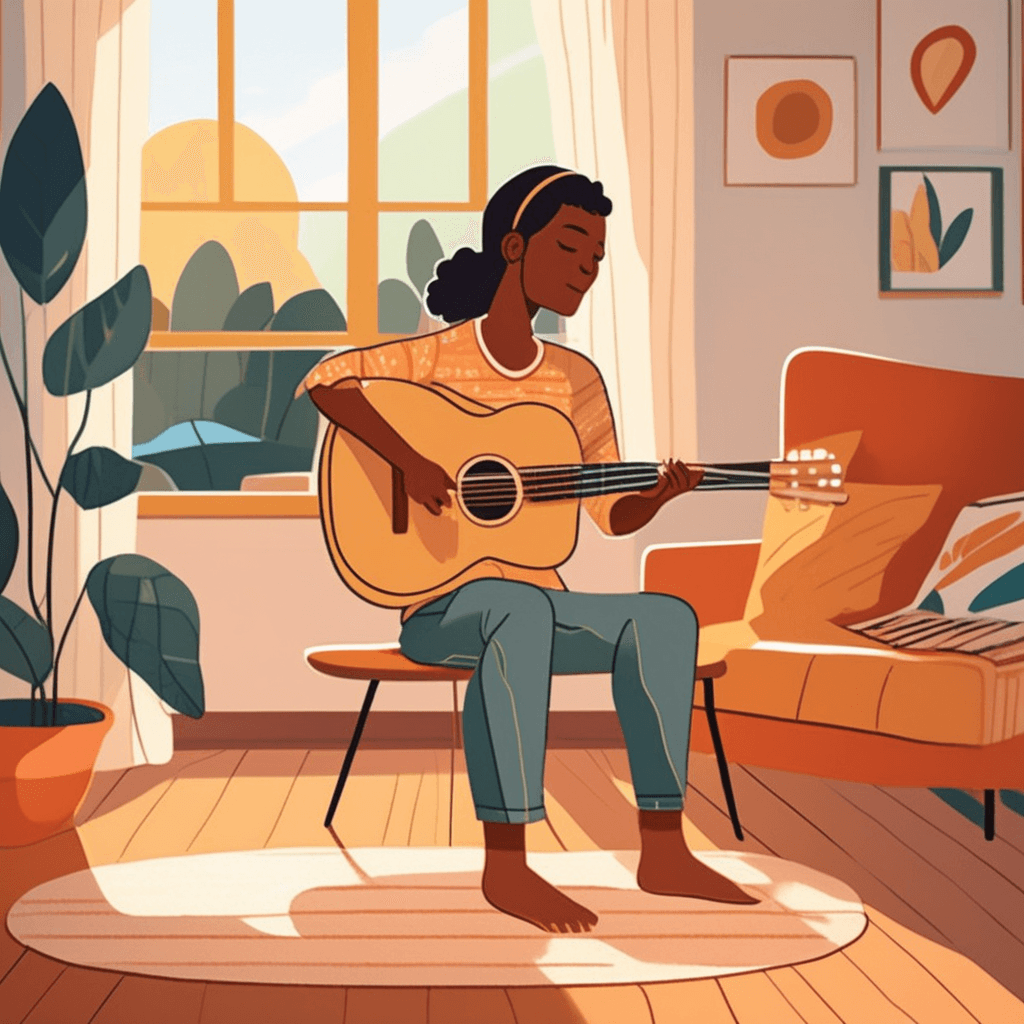 A acoustic guitarist creates natural sound waves in a cozy living room