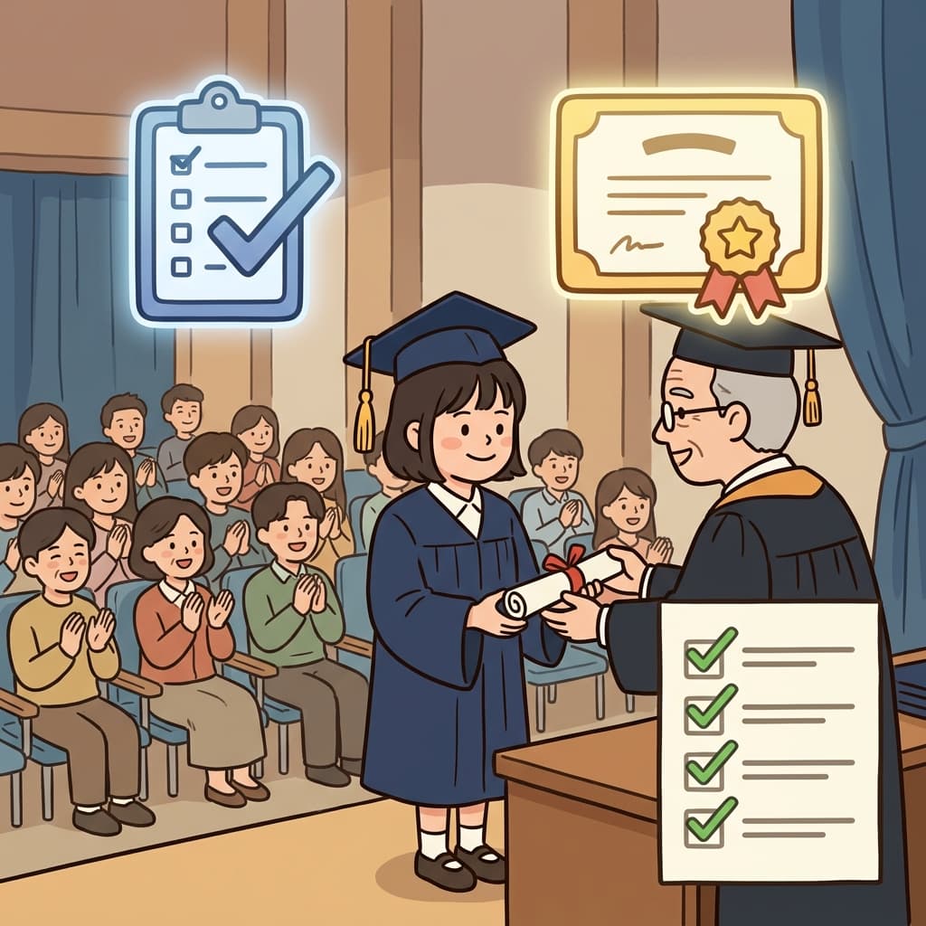 She acquired the certificate after meeting every requirement. (ACQUIRE = REQUIRE first → then receive it.)
