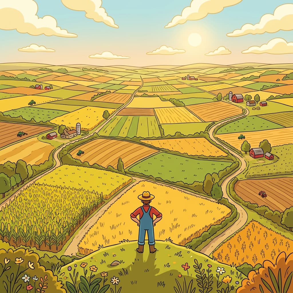 The farmer owned several acres of land filled with corn and wheat.