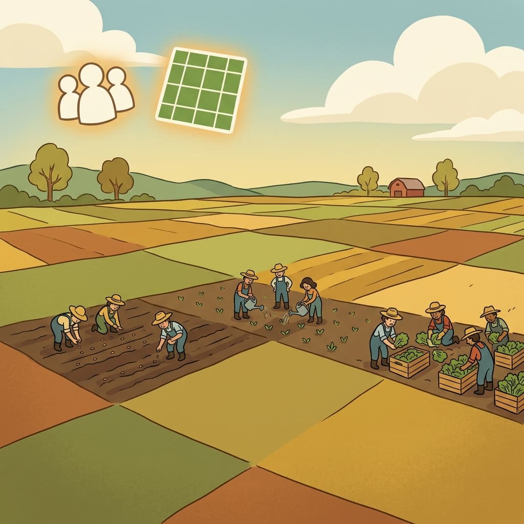 A whole crew worked together across an acre of farmland. (A + CREW → an acre is big enough for a whole crew)