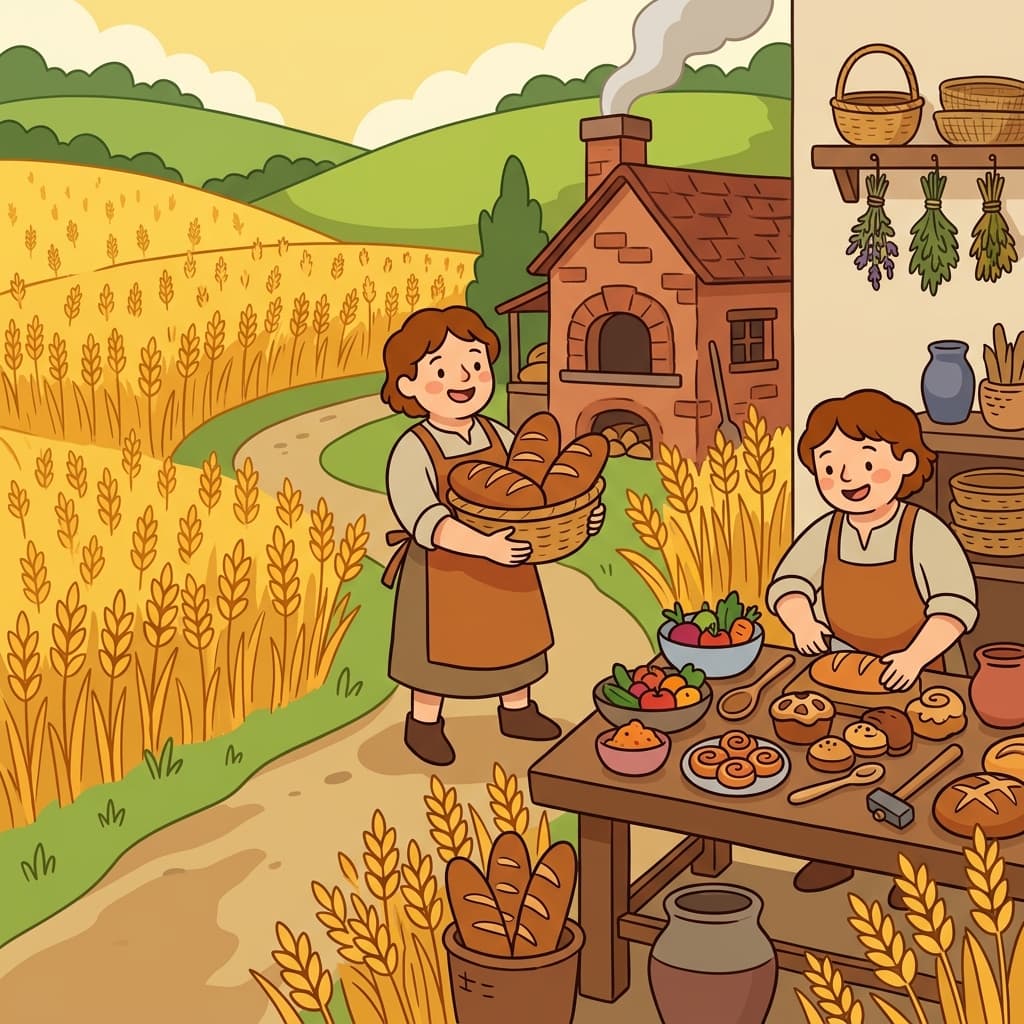 The baker became a maker by turning an acre of wheat into fresh bread.