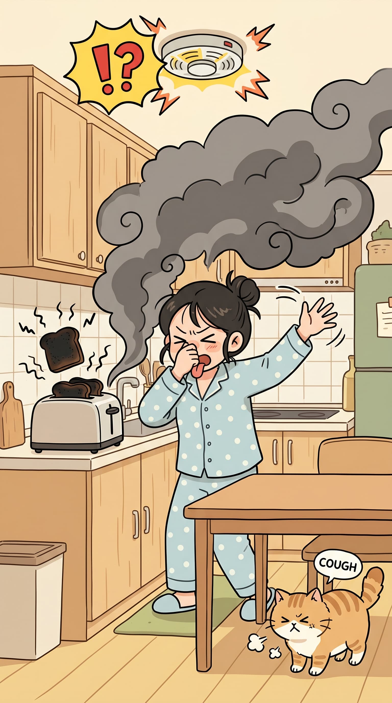 The acrid smoke from the burnt toast filled the kitchen.