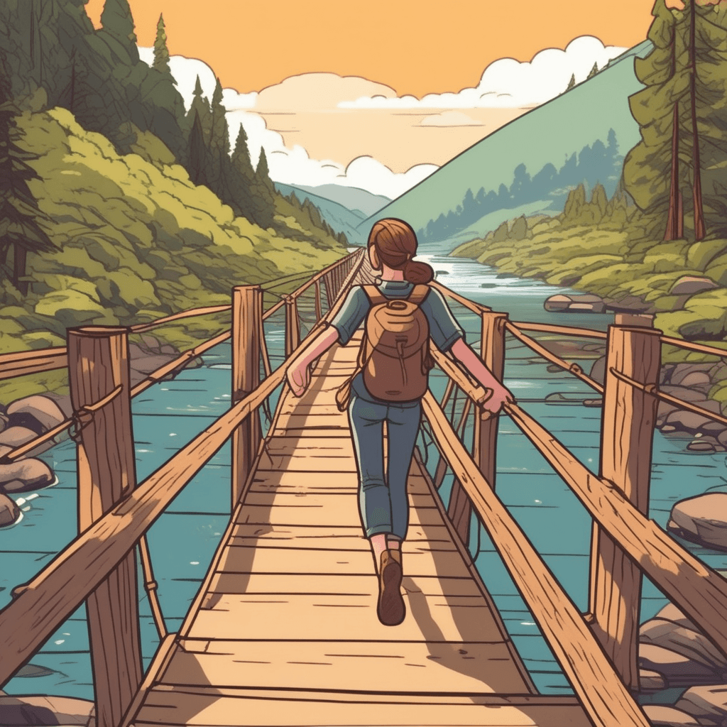 a young hiker stretches both arms wide open while walking across the narrow wooden bridge. Her arms extend from one side railing to the other side railing, touching both edges. The bridge sways slightly under her weight as she demonstrates its full width. Below, a fisherman in a small boat looks up and points at her playful gesture. Other hikers behind her smile and prepare to cross the same bridge. someone spanning across the entire breadth of the bridge from one side to the other