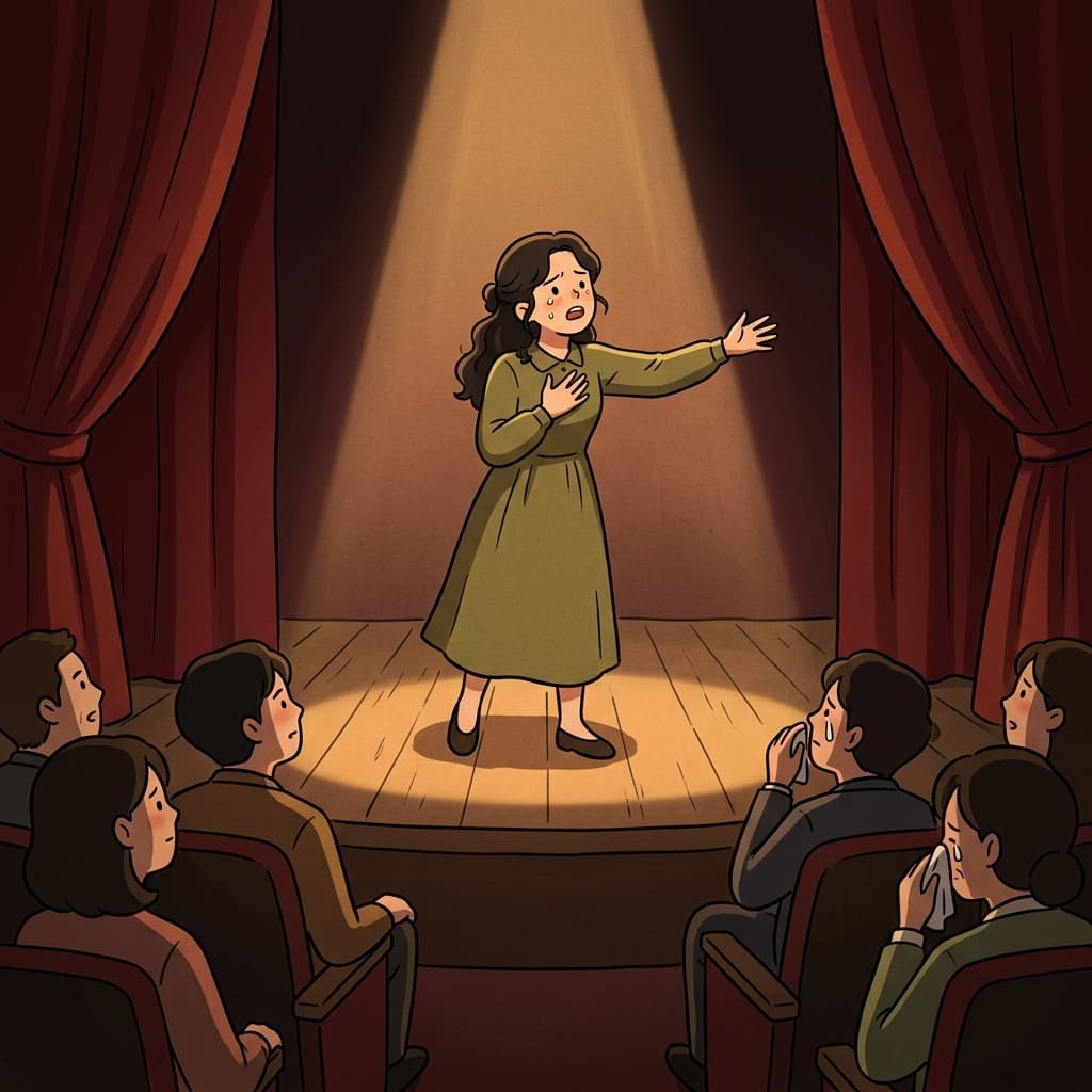 Her acting on the small theater stage made the whole audience cry quietly.