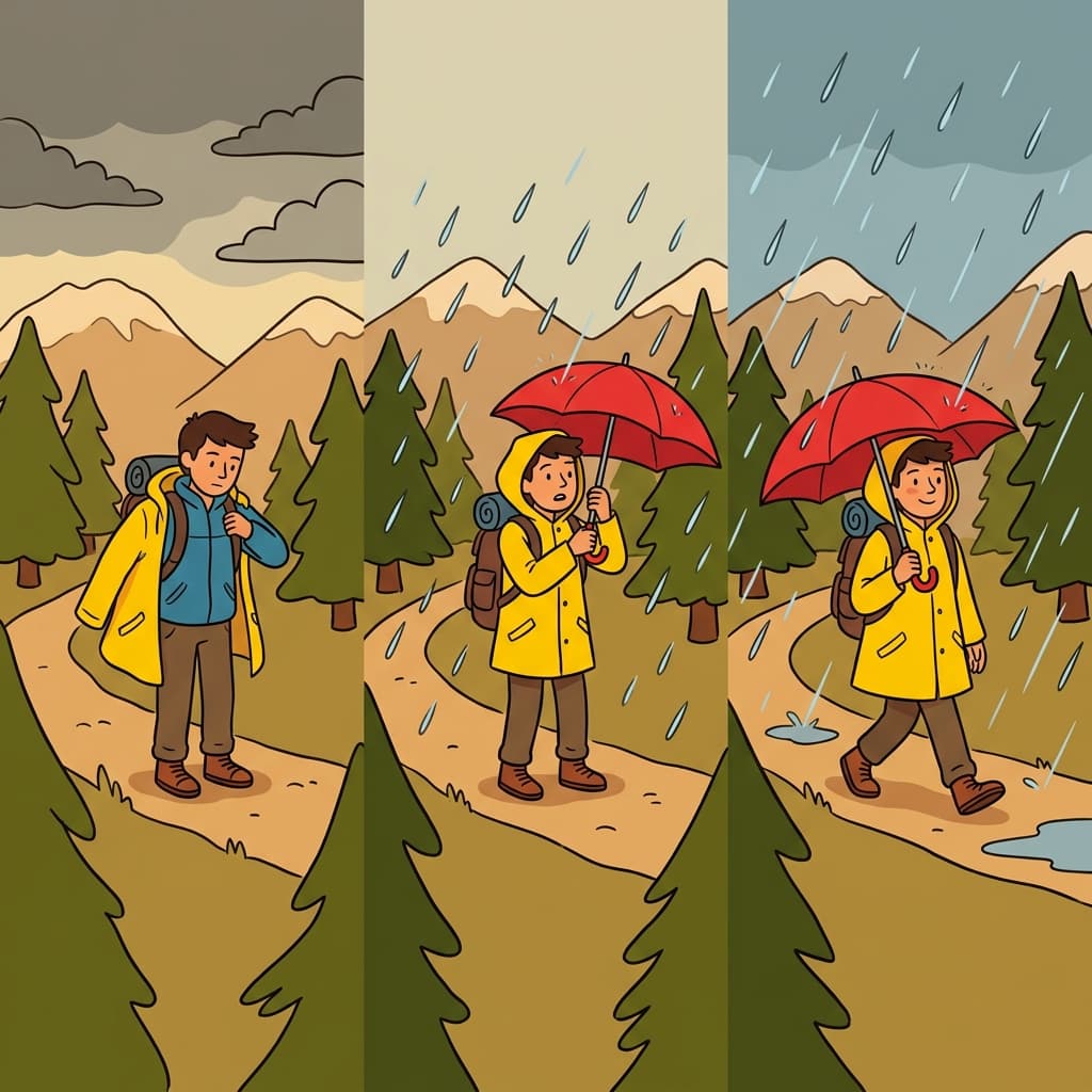 The hiker's adaptation to the rain led to a quick reaction and prevented a bad impact.