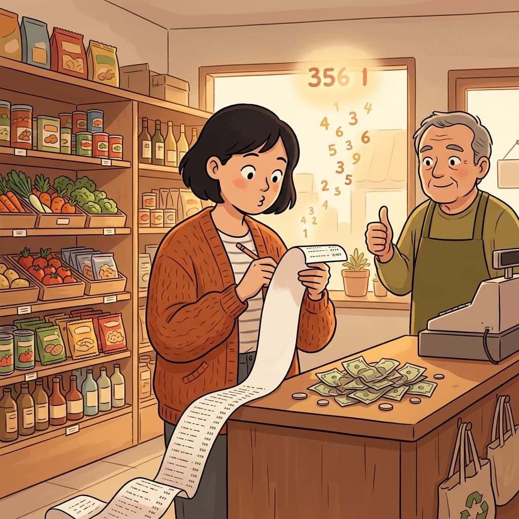 The numbers on her receipt add up perfectly to the cash in her hand.