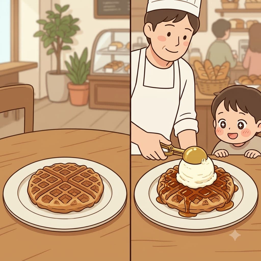 The addition of a scoop of ice cream made the simple waffle an even more delightful dessert.