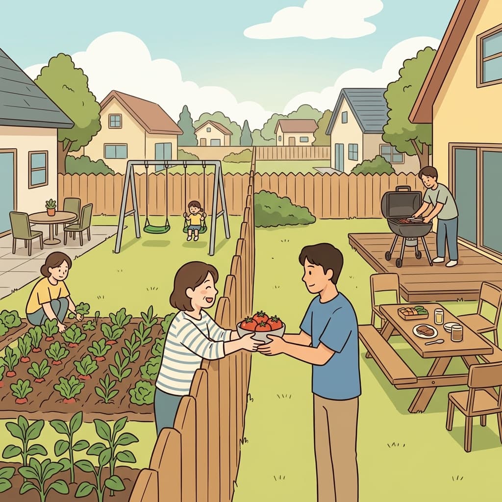 Their backyards adjoin, separated only by a low wooden fence.