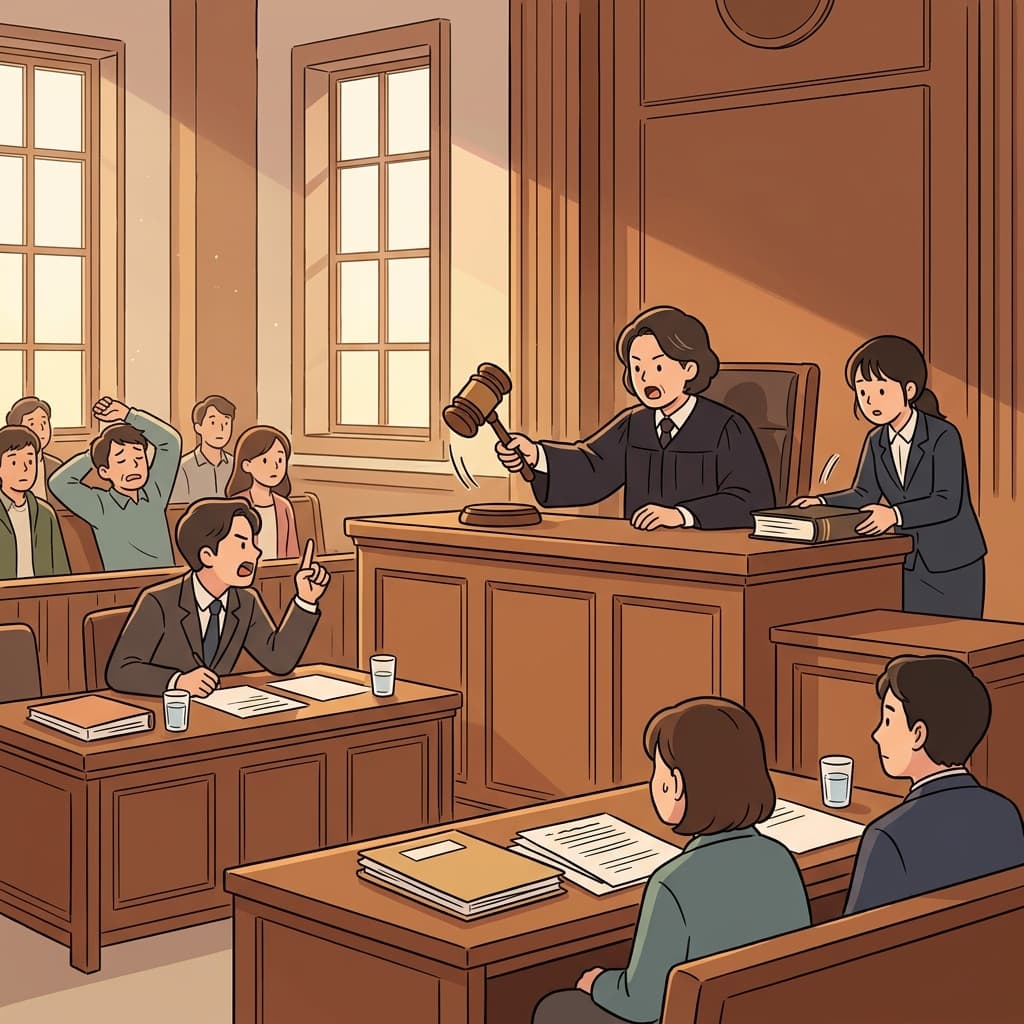 The judge bangs the gavel to adjourn the trial until tomorrow morning.
