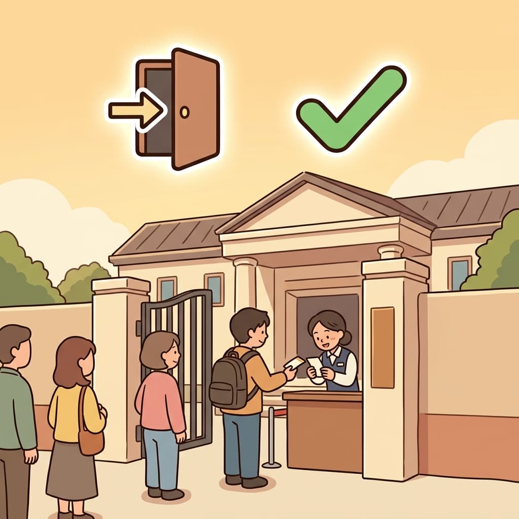 The museum required admission before visitors could enter. (🚪 Enter + ✅ Permission → Admission)