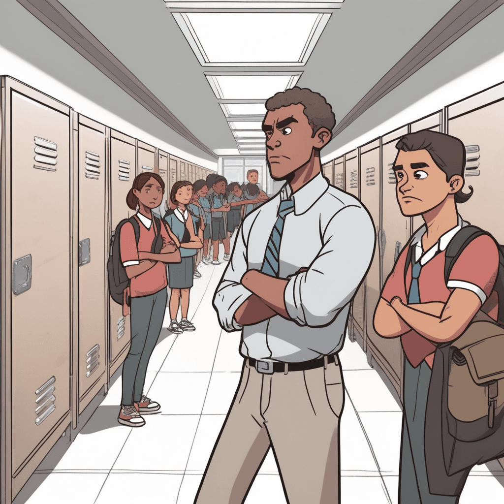 a school principal stands with arms crossed and a serious expression, pointing directly at a student who looks down sheepishly. The principal's finger gestures firmly while her face shows disapproval and concern. The student clutches a crumpled paper and appears to understand the gravity of the situation. Other students in the background slow their walking to glance at the serious conversation. A teacher nearby nods approvingly at the principal's intervention. the principal expressing a stern warning to correct the student's behavior