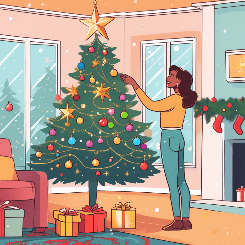 Mother and daughter decorating Christmas tree