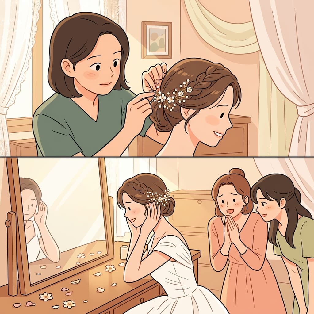 She added a final adornment to the bride's hair before the ceremony.