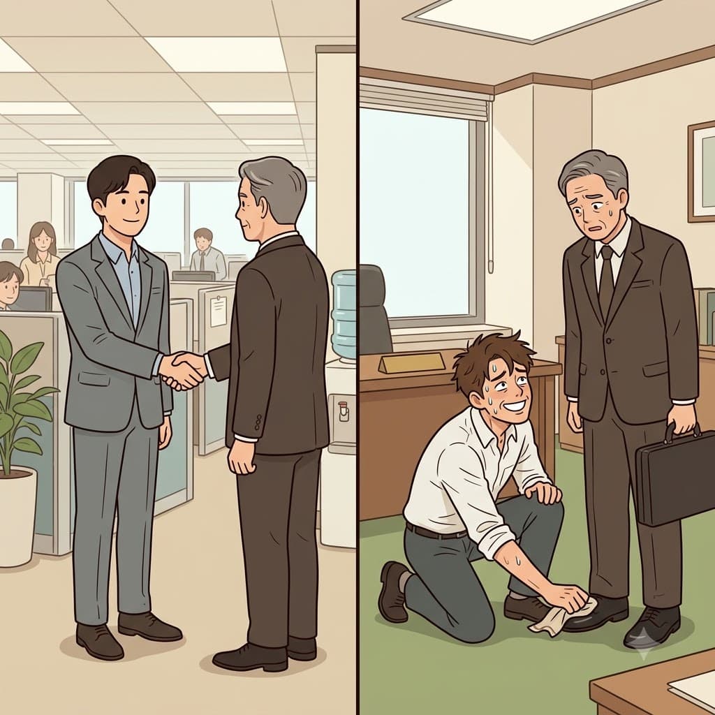 While the normal worker simply shook the boss's hand, the greedy employee's excessive adulation had him kneeling at the boss's feet.