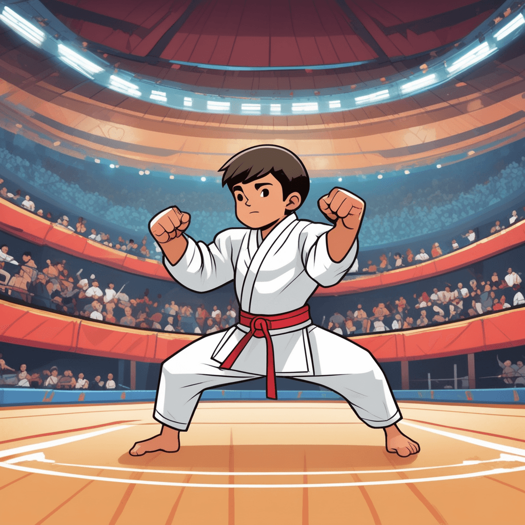 a young martial artist in a white uniform raises both fists triumphantly after defeating an opponent who sits on the mat behind them. The referee steps forward and raises the winner's arm high into the air. The scoreboard shows the fighter has won their match and earned the right to compete in the finals. Other tournament participants watch from the sidelines as the victor prepares to move forward in the competition. moving forward or progressing to the next stage, level, or position