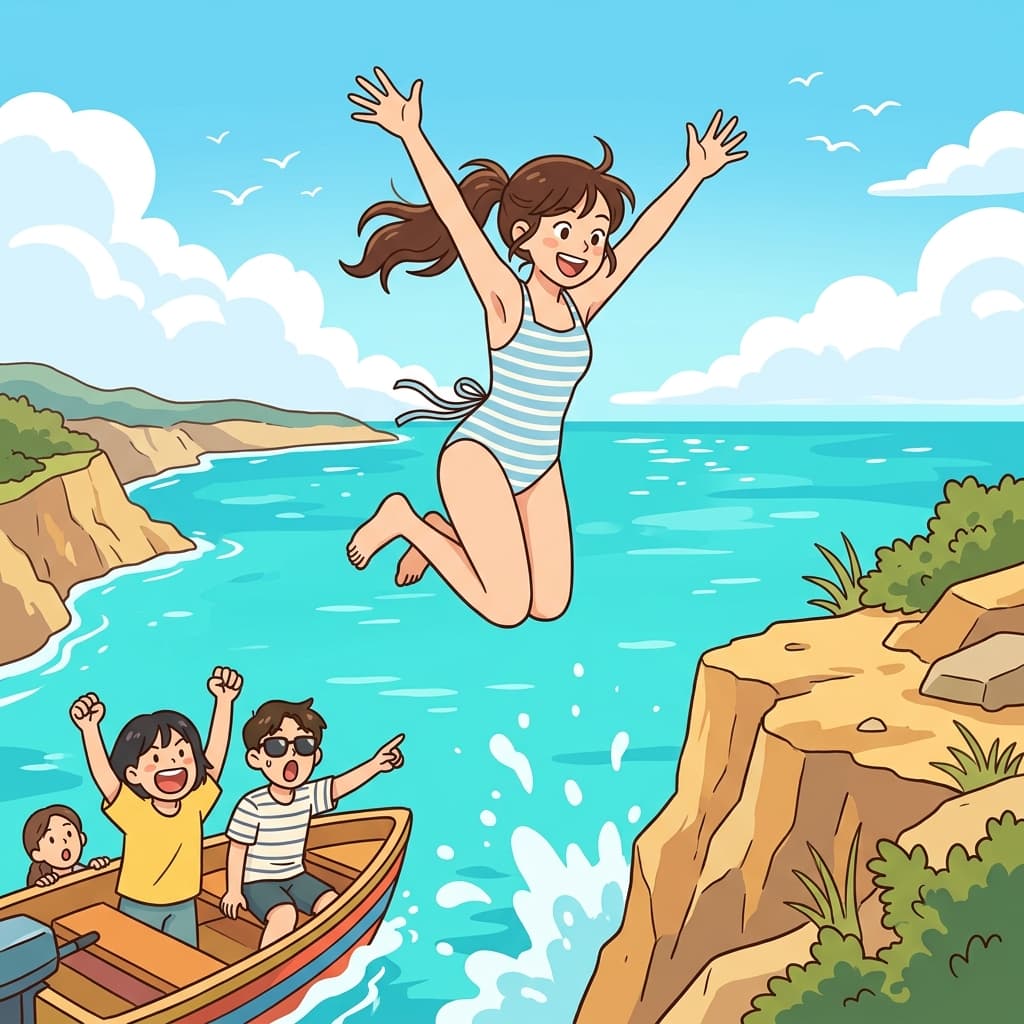 She felt adventurous and jumped off the cliff into the turquoise sea below.