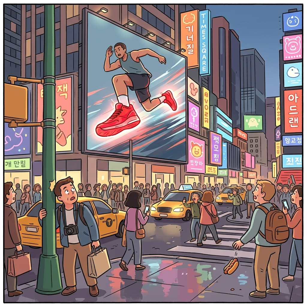 A giant advert for sneakers glows above Times Square, stopping every tourist mid-step.