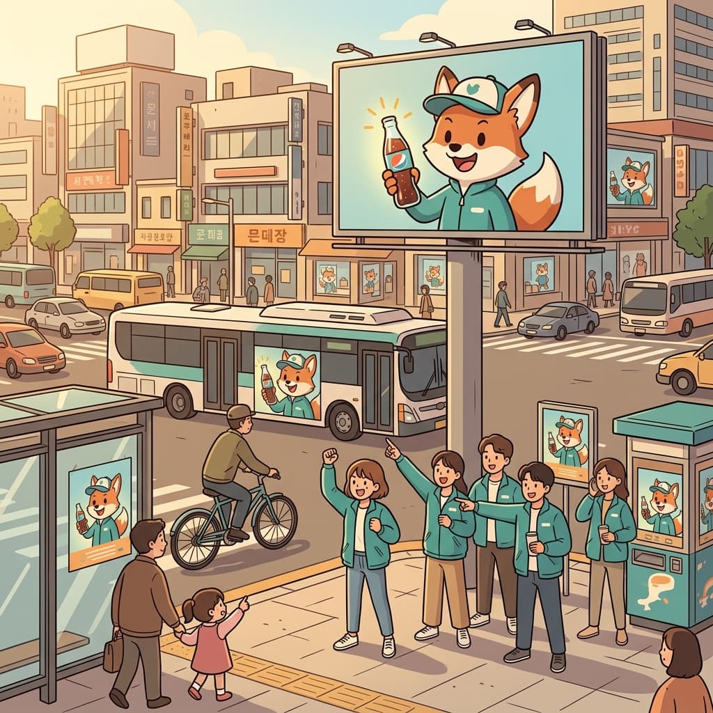 The team launches a citywide advertising campaign with billboards, buses, and bright posters everywhere.