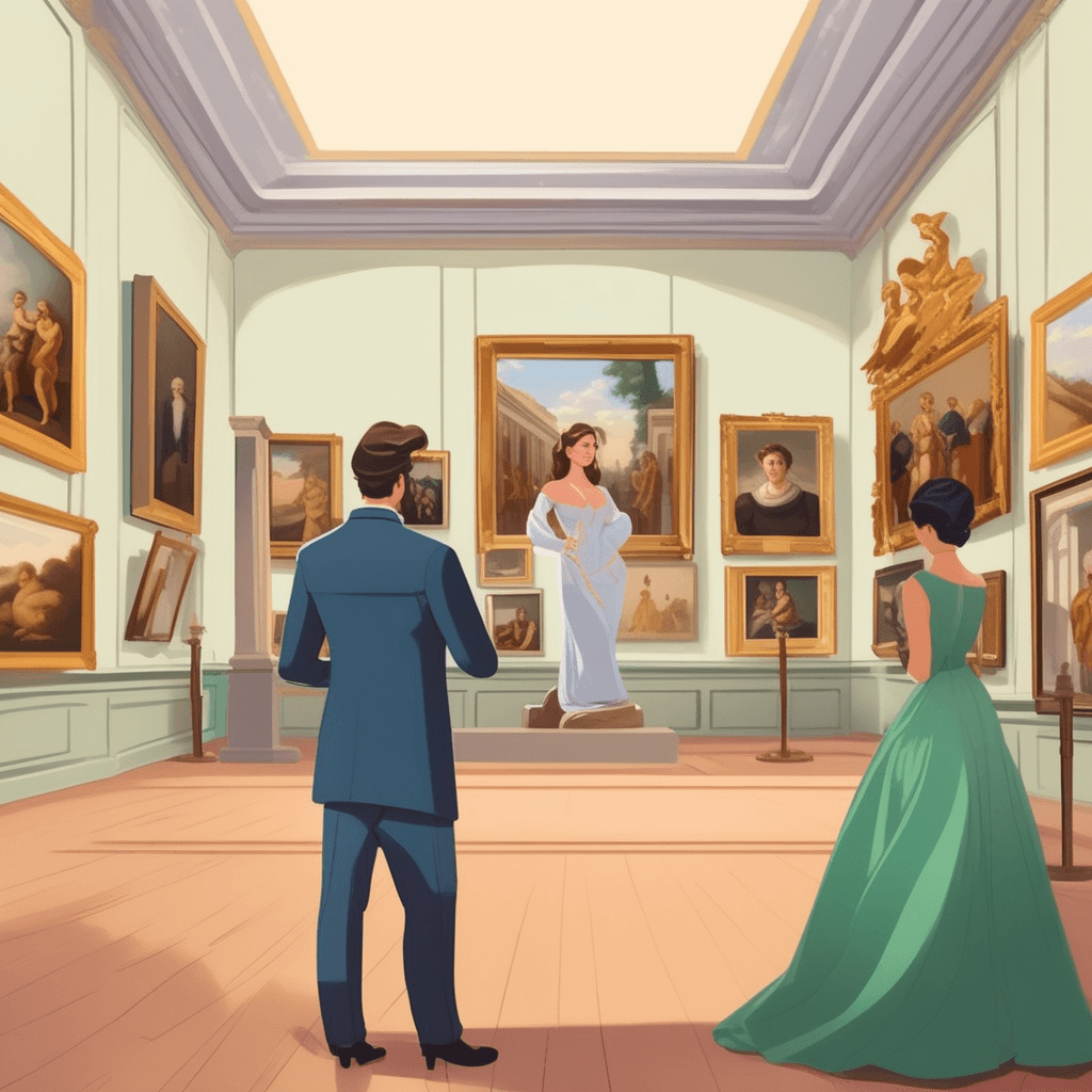 a well-dressed person with refined posture stands gracefully before a beautiful classical painting, studying it with deep appreciation. Their eyes show genuine emotional connection as they take in every brushstroke and color detail. The careful observation reveals their sophisticated understanding of artistic technique and beauty. Their contemplative expression and gentle hand gestures show reverence for the artwork's craftsmanship. Other gallery visitors walk by casually, but this person remains absorbed in aesthetic contemplation. A nearby sculpture also catches their refined attention as they move thoughtfully between pieces. a person who has refined sensitivity toward the beauties of art