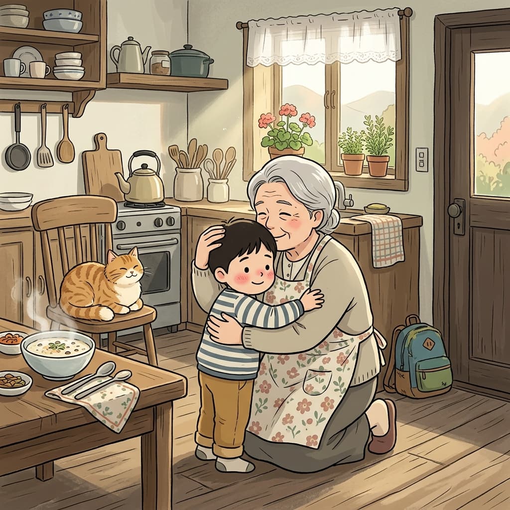 The grandmother gave her grandson an affectionate hug before he left for school.