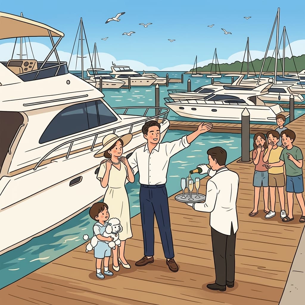 The affluent family shows off their private yacht at the marina party.