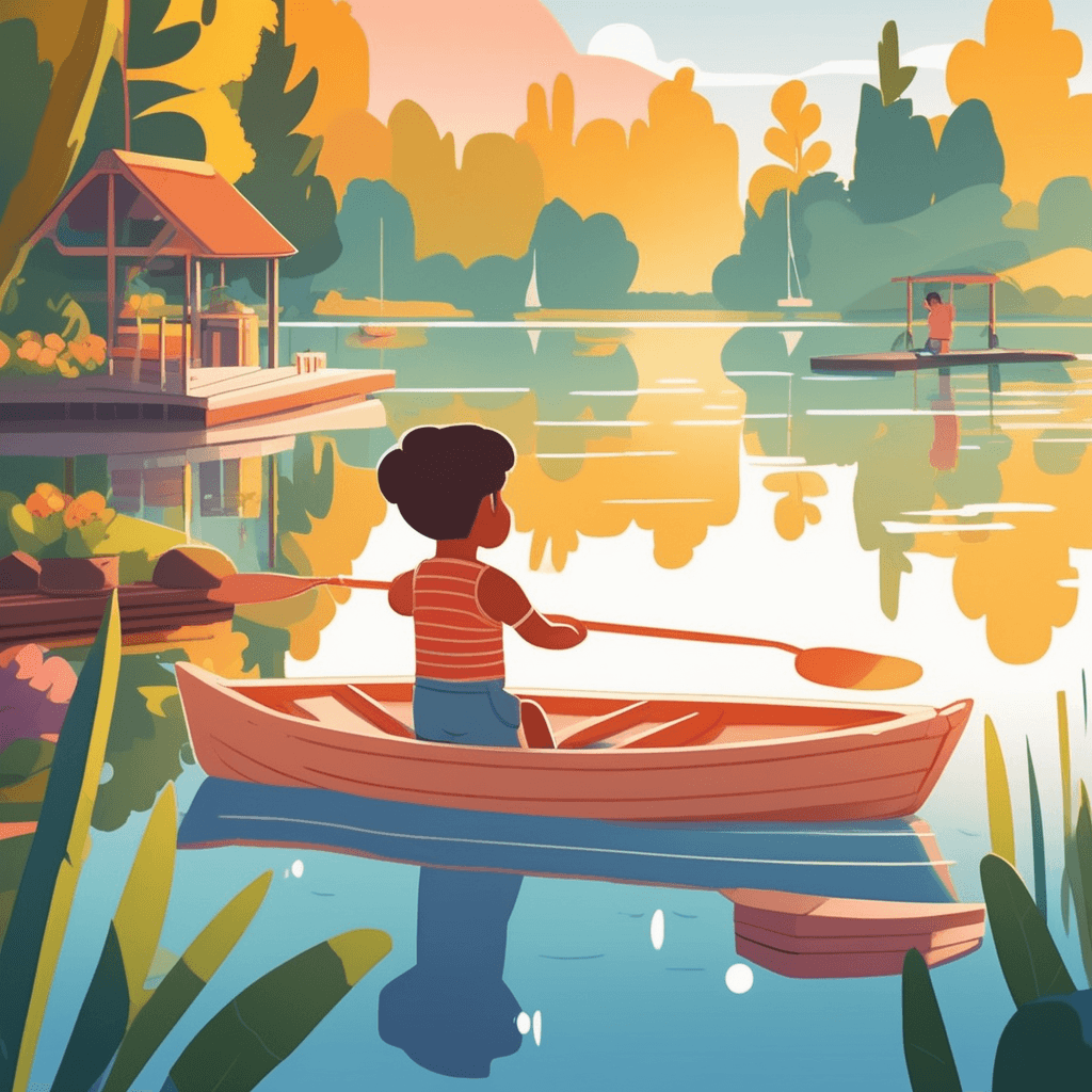 a young child carefully places a colorful toy boat onto the calm lake water. The wooden boat bobs gently on the surface, staying perfectly afloat without sinking. Next to the dock, a friendly dog watches as its tennis ball floats nearby after being dropped. The child points excitedly at both floating objects while an adult beside them smiles and nods approvingly. objects floating on water and not sinking