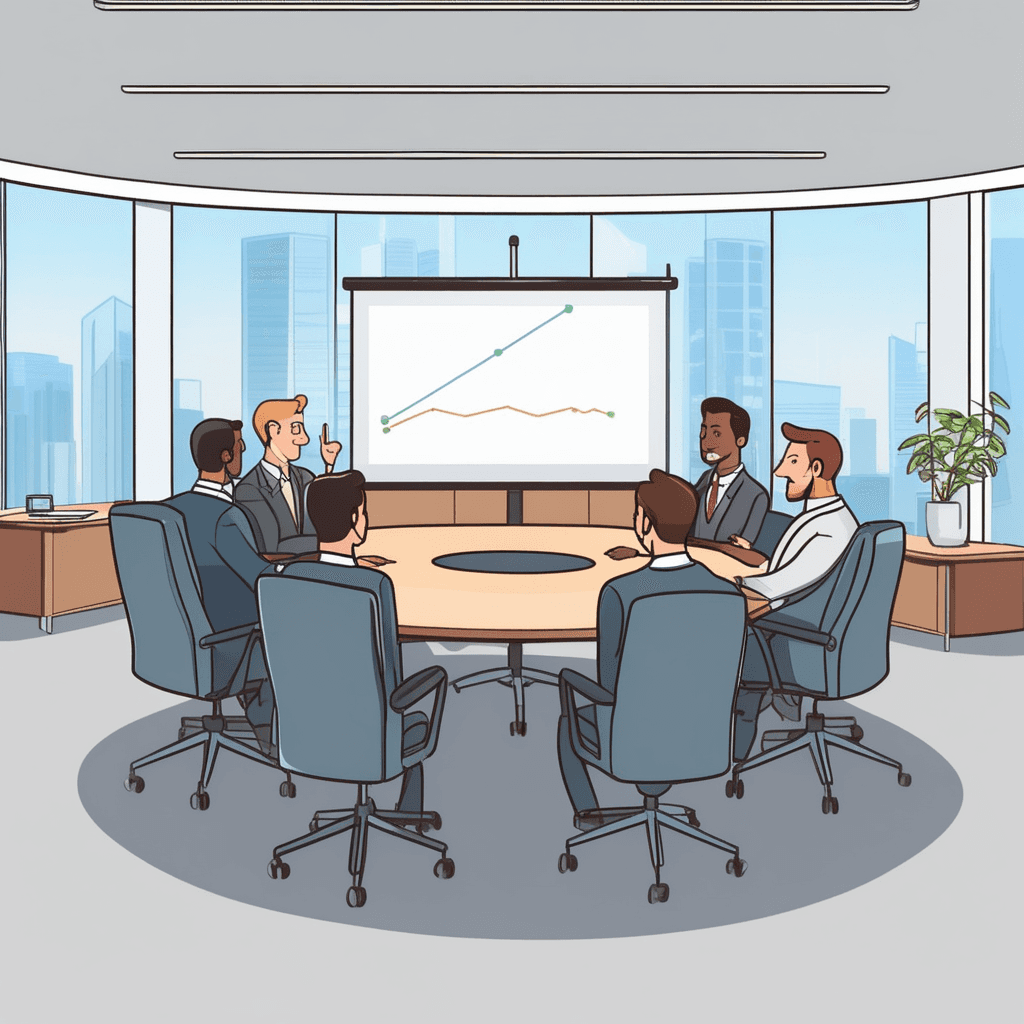 a business presenter points back toward a chart displayed on the screen behind them while speaking to colleagues. The presenter's finger clearly indicates a specific section of the chart that was shown earlier in the presentation. The chart shows detailed graphs and data that the presenter had previously explained to the audience. Several colleagues seated around the table nod in understanding as they follow the presenter's reference back to the earlier material. Some attendees flip through their notes to find the same information from before. someone referring back to information that was mentioned or discussed earlier.