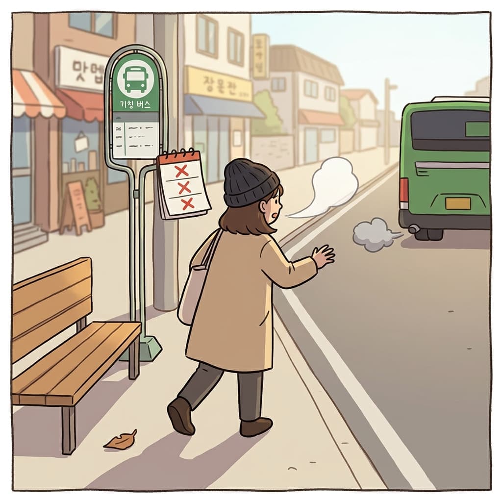 She missed the bus again and sighed at the empty stop.
