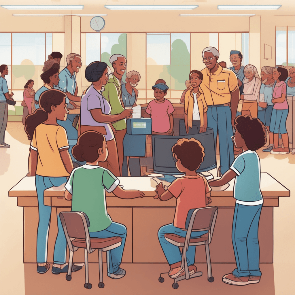 In the center of the frame, a friendly staff member at a desk directs people into different waiting areas based on their ages. She points children toward colorful play mats while guiding teenagers to gaming stations nearby. Adults gather around information tables as elderly visitors sit in comfortable chairs with refreshments. Each group naturally forms distinct sections showing clear age-based organization. people being organized into specific age ranges for classification purposes