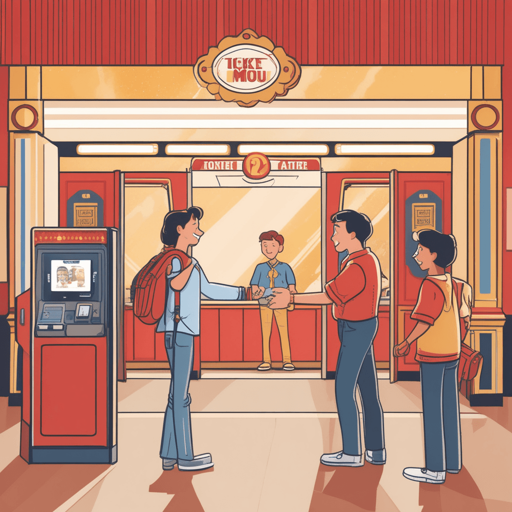 a teenage boy reaches toward a ticket counter while a theater employee holds up a stopping hand gesture. The employee points to a large movie poster showing an adult-oriented film rating symbol. The teenager's face shows disappointment as he realizes he cannot purchase the ticket. An adult couple behind him in line watches the interaction while holding their own tickets. Other moviegoers of various ages wait nearby, some entering theaters showing different films appropriate for their age groups. a rule that limits access to something based on a person's age