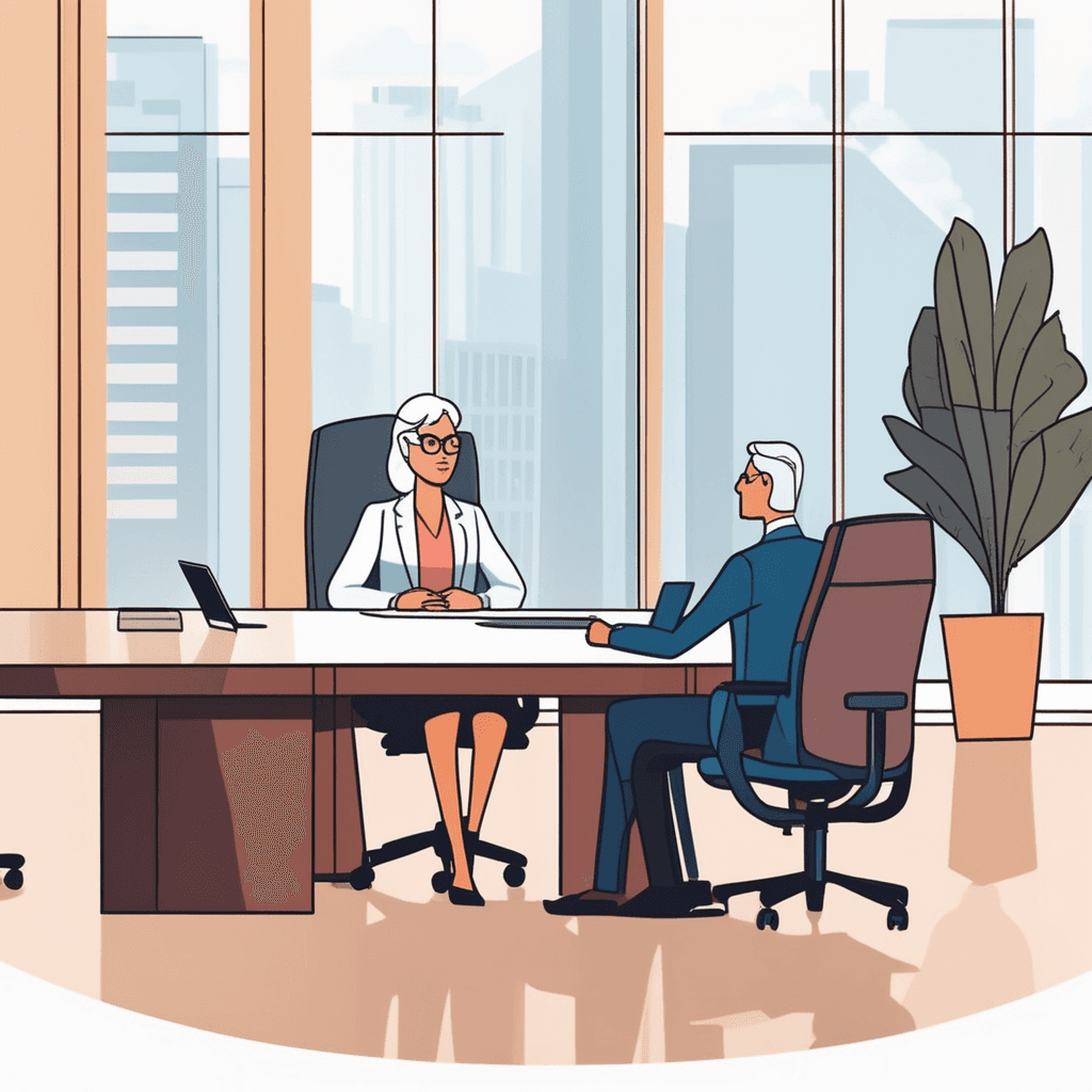 a confident older woman in professional attire sits across from two younger interviewers at a sleek desk. She presents her impressive resume while maintaining eye contact and gesturing professionally. The younger interviewers exchange skeptical glances and display dismissive body language despite her qualifications. One interviewer leans back with crossed arms while the other looks at a clock impatiently. Other younger employees in the background appear to be getting positive attention from supervisors. discrimination or prejudice against people based on their age, especially against older people