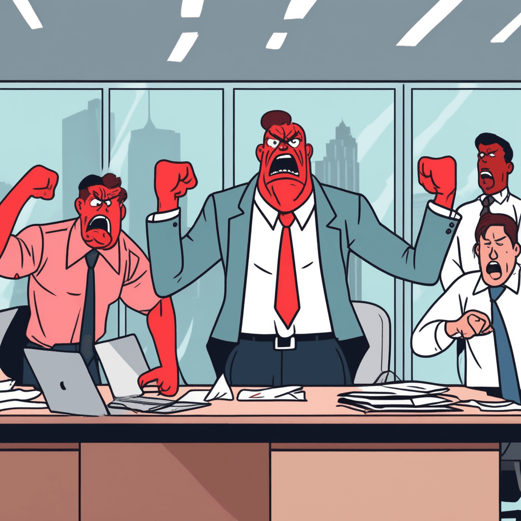 Boss agitating worried employees with angry outburst